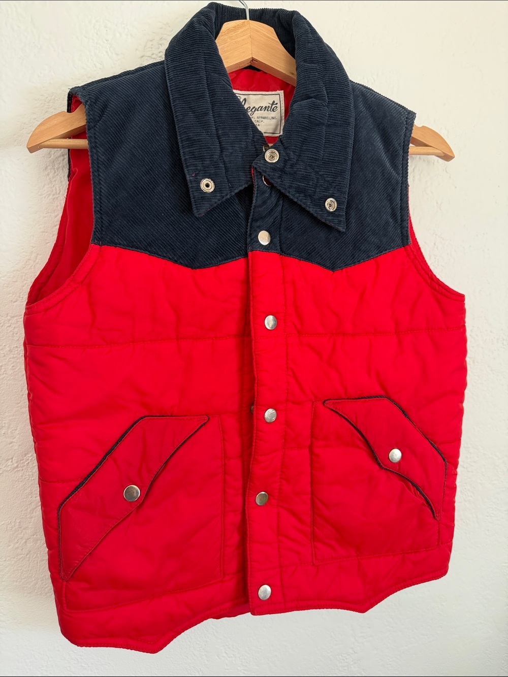 Vintage Red Quilted Vest with Navy Corduroy Yoke - Kid’s Large